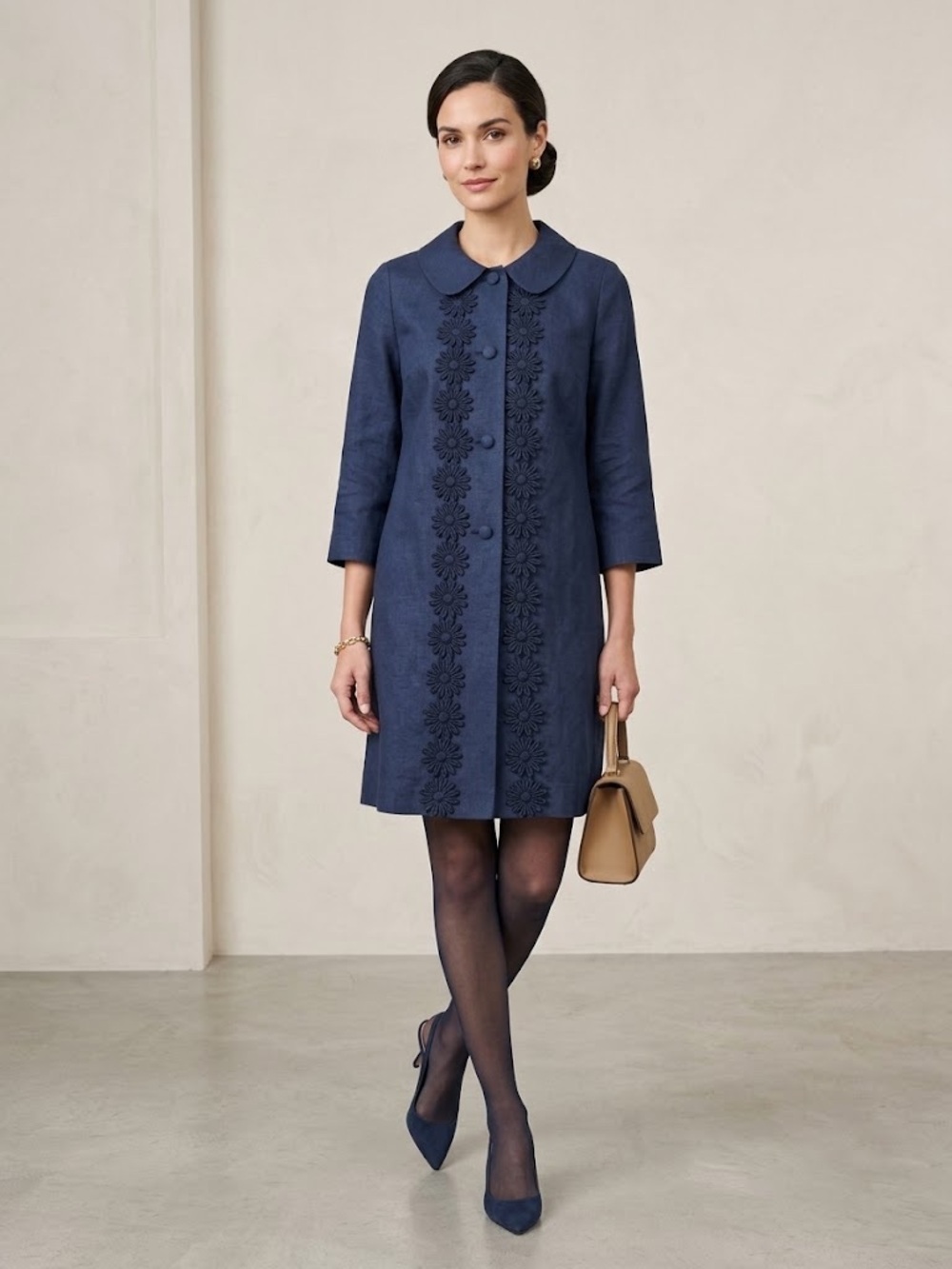 Sara Campbell Navy Peter Pan Collar Coat Dress Daisy Trim Button Front | M | EUC